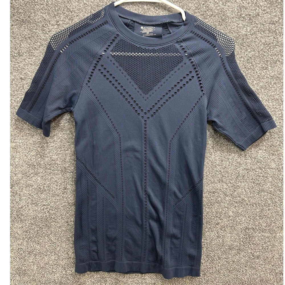 Athleta Womens XS Navy Blue Seamless Pointelle Mesh Short Sleeve Training Top